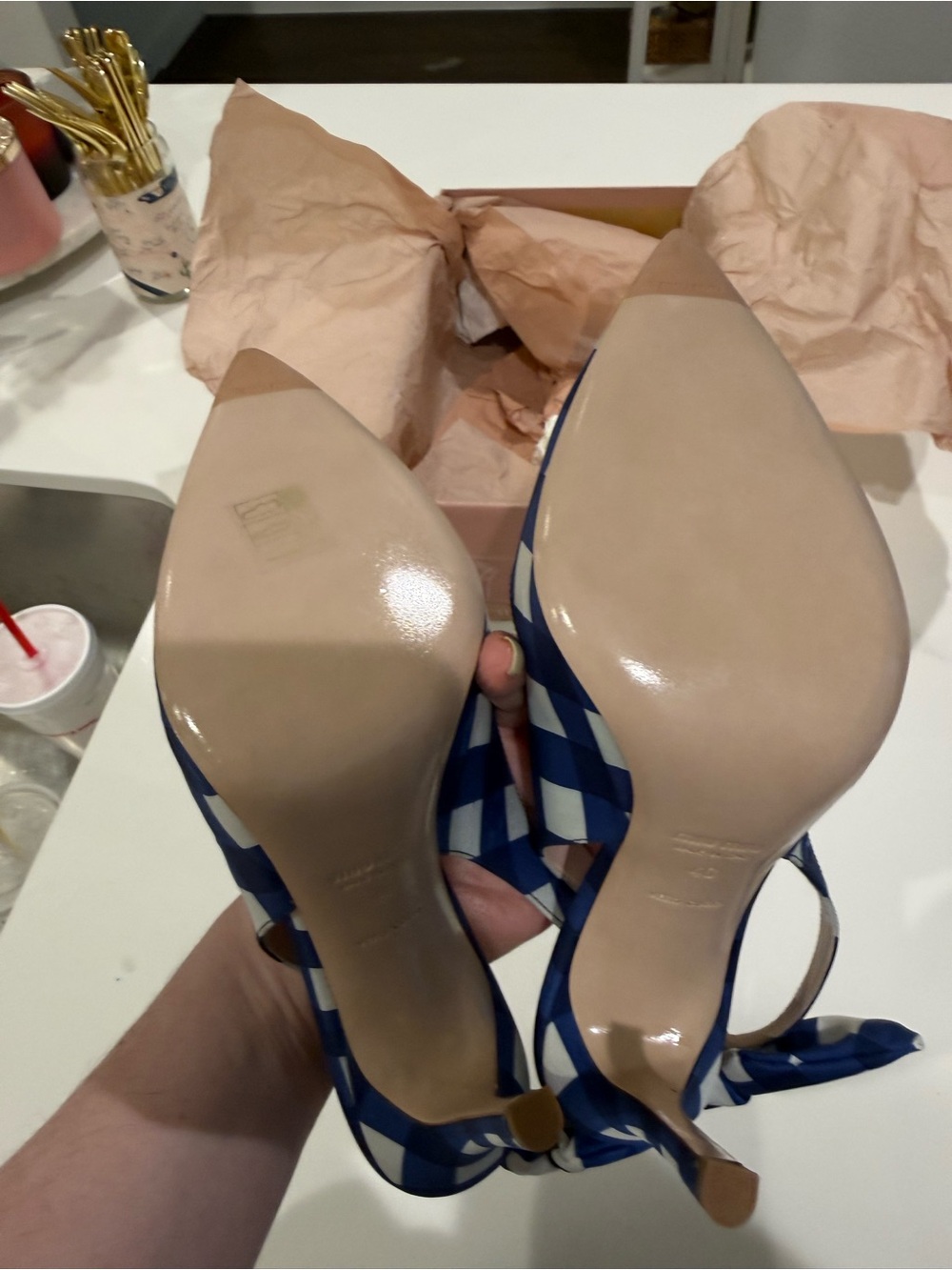 Miu Miu Blue and White Gingham Bow Slingback Pumps - Picture 5 of 6